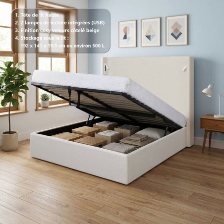 Lit coffre - STAN 2 - 140 x 190 cm - Tissu velours côtelé beige - Te