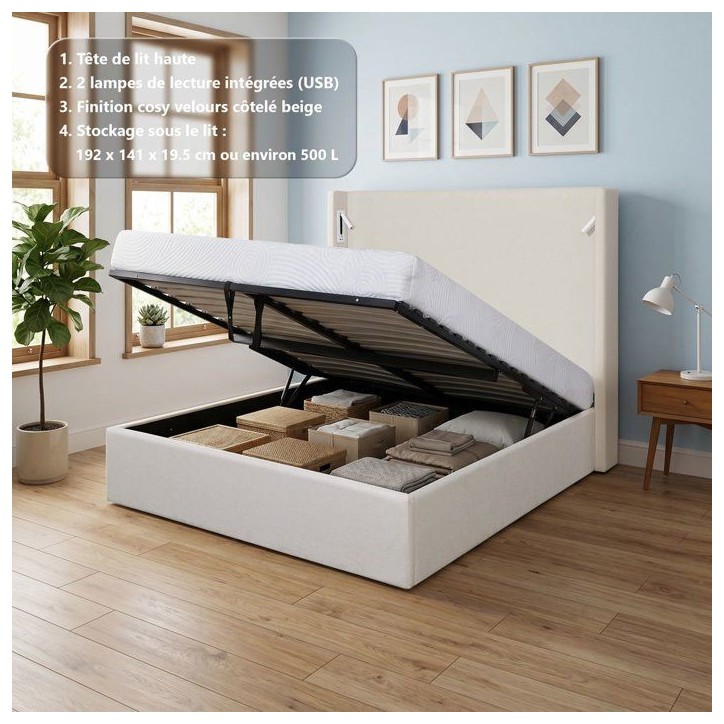 Lit coffre - STAN 2 - 140 x 190 cm - Tissu velours côtelé beige - Tete de lit haute a oreilles - 2 lampes de lecture LED + Por Lit coffre - STAN 2 - 140 x 190 cm - Tissu velours côtelé beige - Tete de lit haute a oreilles - 2 lampes de lecture LED + Por