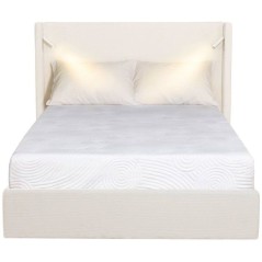 Lit coffre - STAN 2 - 140 x 190 cm - Tissu velours côtelé beige - Tete de lit haute a oreilles - 2 lampes de lecture LED + Por