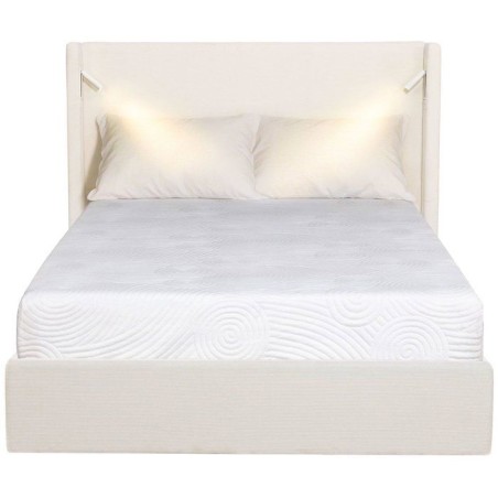 Lit coffre - STAN 2 - 140 x 190 cm - Tissu velours côtelé beige - Tete de lit haute a oreilles - 2 lampes de lecture LED + Por