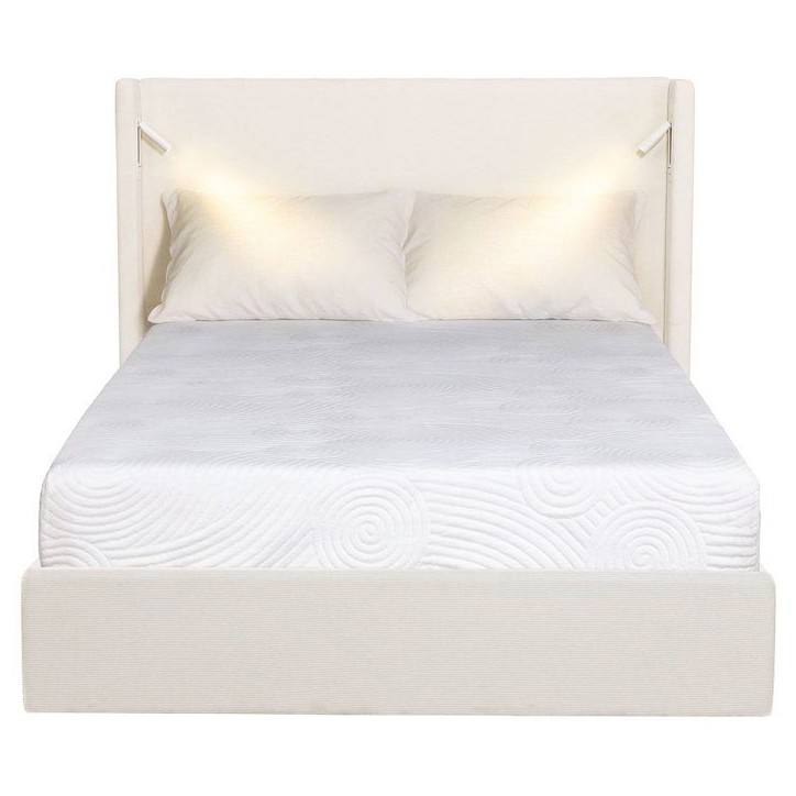 Lit coffre - STAN 2 - 140 x 190 cm - Tissu velours côtelé beige - Tete de lit haute a oreilles - 2 lampes de lecture LED + Por Lit coffre - STAN 2 - 140 x 190 cm - Tissu velours côtelé beige - Tete de lit haute a oreilles - 2 lampes de lecture LED + Por