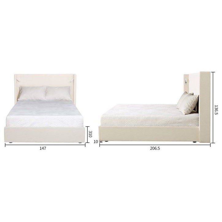 Lit coffre - STAN 2 - 140 x 190 cm - Tissu velours côtelé beige - Tete de lit haute a oreilles - 2 lampes de lecture LED + Por Lit coffre - STAN 2 - 140 x 190 cm - Tissu velours côtelé beige - Tete de lit haute a oreilles - 2 lampes de lecture LED + Por
