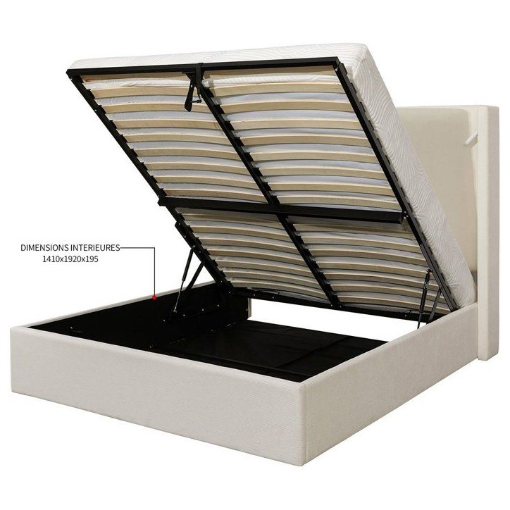 Lit coffre - STAN 2 - 140 x 190 cm - Tissu velours côtelé beige - Tete de lit haute a oreilles - 2 lampes de lecture LED + Por Lit coffre - STAN 2 - 140 x 190 cm - Tissu velours côtelé beige - Tete de lit haute a oreilles - 2 lampes de lecture LED + Por