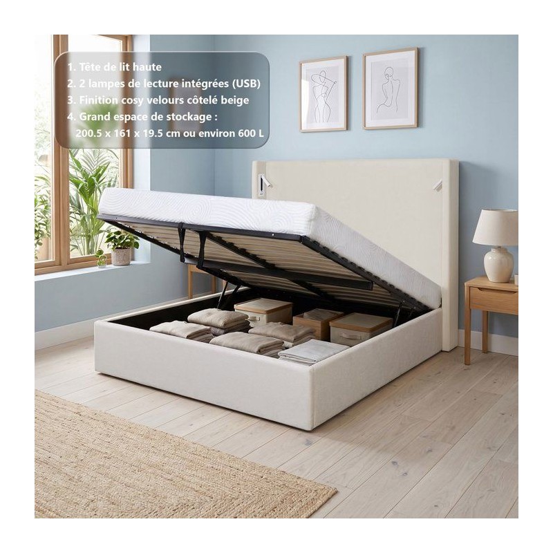 Lit coffre adulte - STAN 2 - 160 x 200 cm - Tissu velours côtelé bei