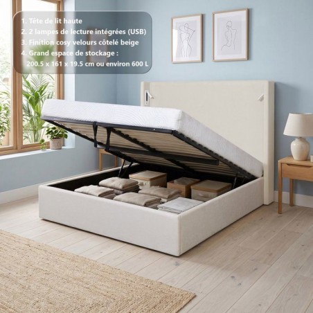 Lit coffre adulte - STAN 2 - 160 x 200 cm - Tissu velours côtelé bei