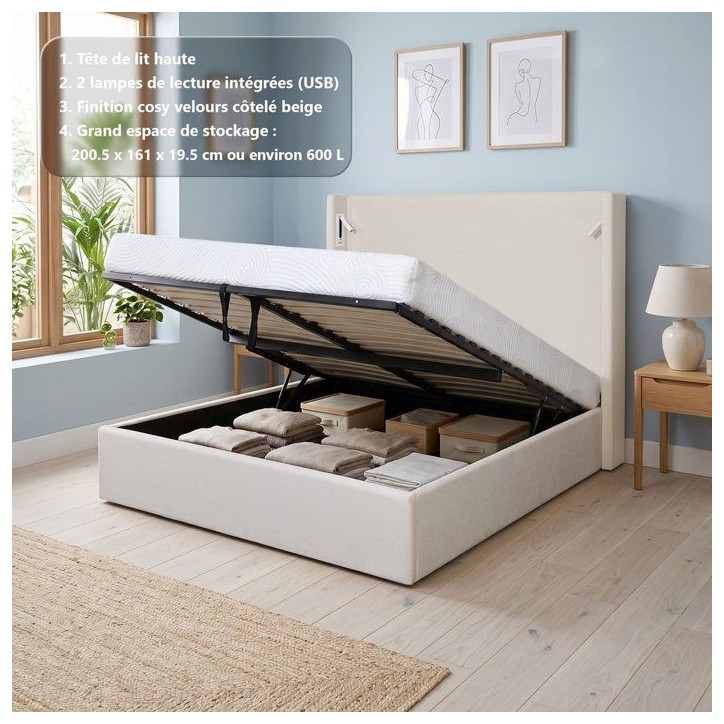 Lit coffre adulte - STAN 2 - 160 x 200 cm - Tissu velours côtelé beige - Tete de lit haute a oreilles - 2 lampes LED + Ports U Lit coffre adulte - STAN 2 - 160 x 200 cm - Tissu velours côtelé beige - Tete de lit haute a oreilles - 2 lampes LED + Ports U