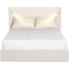 Lit coffre adulte - STAN 2 - 160 x 200 cm - Tissu velours côtelé beige - Tete de lit haute a oreilles - 2 lampes LED + Ports U