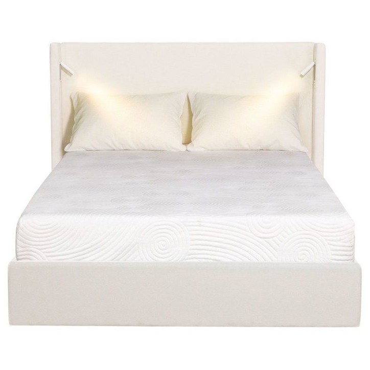 Lit coffre adulte - STAN 2 - 160 x 200 cm - Tissu velours côtelé beige - Tete de lit haute a oreilles - 2 lampes LED + Ports U Lit coffre adulte - STAN 2 - 160 x 200 cm - Tissu velours côtelé beige - Tete de lit haute a oreilles - 2 lampes LED + Ports U