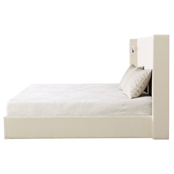 Lit coffre adulte - STAN 2 - 160 x 200 cm - Tissu velours côtelé beige - Tete de lit haute a oreilles - 2 lampes LED + Ports U Lit coffre adulte - STAN 2 - 160 x 200 cm - Tissu velours côtelé beige - Tete de lit haute a oreilles - 2 lampes LED + Ports U