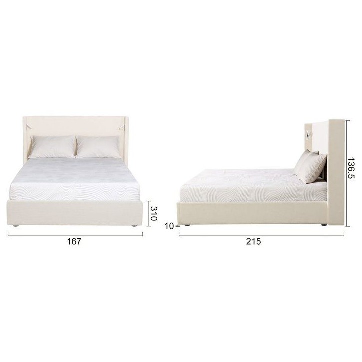 Lit coffre adulte - STAN 2 - 160 x 200 cm - Tissu velours côtelé beige - Tete de lit haute a oreilles - 2 lampes LED + Ports U Lit coffre adulte - STAN 2 - 160 x 200 cm - Tissu velours côtelé beige - Tete de lit haute a oreilles - 2 lampes LED + Ports U