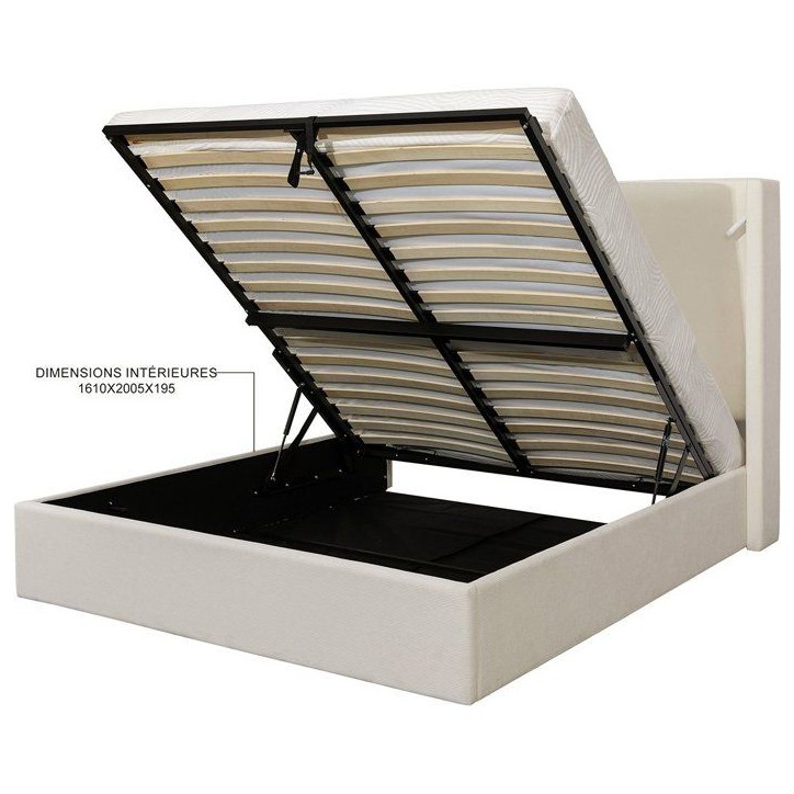 Lit coffre adulte - STAN 2 - 160 x 200 cm - Tissu velours côtelé beige - Tete de lit haute a oreilles - 2 lampes LED + Ports U Lit coffre adulte - STAN 2 - 160 x 200 cm - Tissu velours côtelé beige - Tete de lit haute a oreilles - 2 lampes LED + Ports U