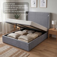 Lit coffre - STAN 3 - 140 x 190 cm - Tissu gris - Tete de lit haute a