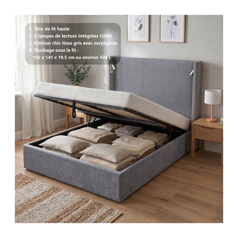 Lit coffre - STAN 3 - 140 x 190 cm - Tissu gris - Tete de lit haute a