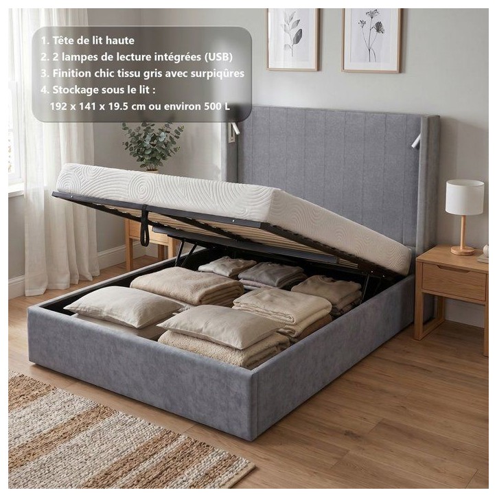 Lit coffre - STAN 3 - 140 x 190 cm - Tissu gris - Tete de lit haute a oreilles - 2 lampes de lecture LED + Ports USB Lit coffre - STAN 3 - 140 x 190 cm - Tissu gris - Tete de lit haute a oreilles - 2 lampes de lecture LED + Ports USB