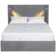 Lit coffre - STAN 3 - 140 x 190 cm - Tissu gris - Tete de lit haute a oreilles - 2 lampes de lecture LED + Ports USB