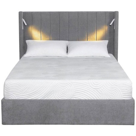 Lit coffre - STAN 3 - 140 x 190 cm - Tissu gris - Tete de lit haute a oreilles - 2 lampes de lecture LED + Ports USB