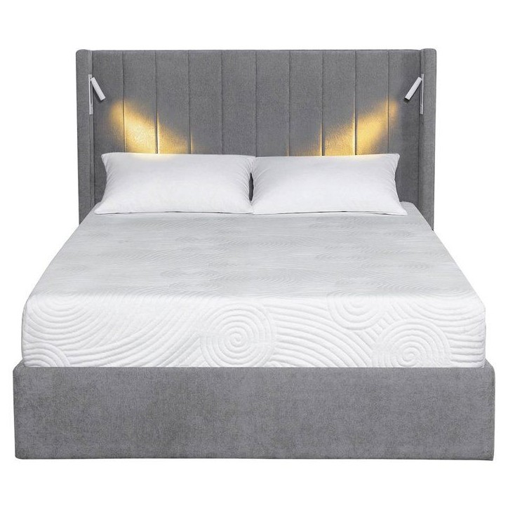 Lit coffre - STAN 3 - 140 x 190 cm - Tissu gris - Tete de lit haute a oreilles - 2 lampes de lecture LED + Ports USB Lit coffre - STAN 3 - 140 x 190 cm - Tissu gris - Tete de lit haute a oreilles - 2 lampes de lecture LED + Ports USB