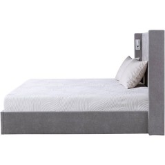 Lit coffre - STAN 3 - 140 x 190 cm - Tissu gris - Tete de lit haute a