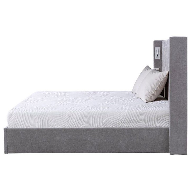 Lit coffre - STAN 3 - 140 x 190 cm - Tissu gris - Tete de lit haute a oreilles - 2 lampes de lecture LED + Ports USB Lit coffre - STAN 3 - 140 x 190 cm - Tissu gris - Tete de lit haute a oreilles - 2 lampes de lecture LED + Ports USB