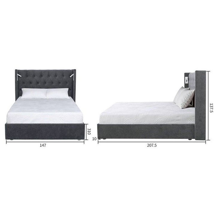 Lit coffre - STAN 3 - 140 x 190 cm - Tissu gris - Tete de lit haute a oreilles - 2 lampes de lecture LED + Ports USB Lit coffre - STAN 3 - 140 x 190 cm - Tissu gris - Tete de lit haute a oreilles - 2 lampes de lecture LED + Ports USB