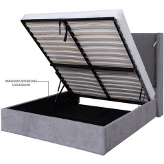 Lit coffre - STAN 3 - 140 x 190 cm - Tissu gris - Tete de lit haute a