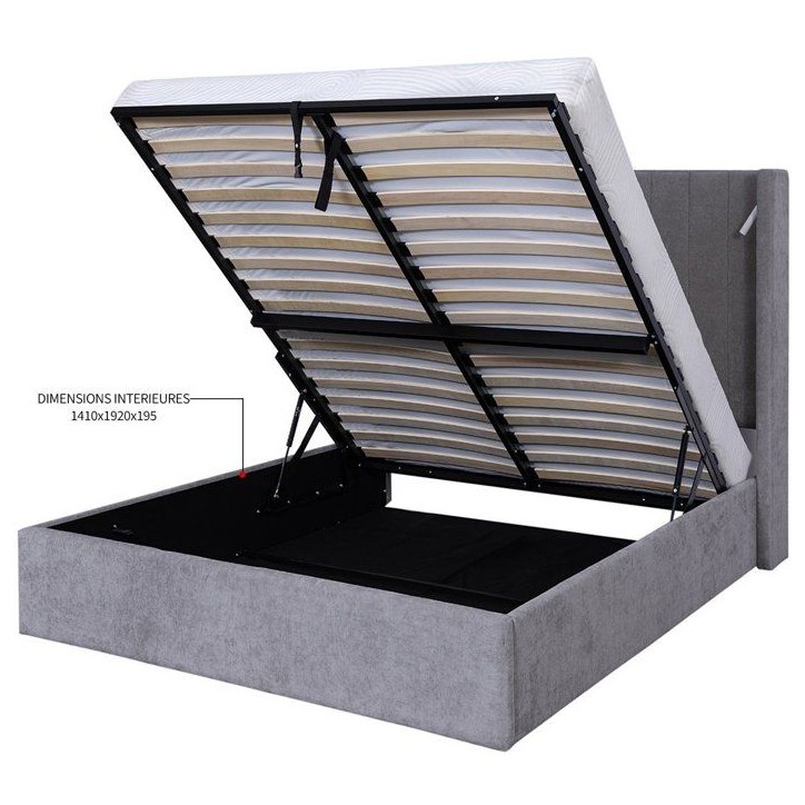 Lit coffre - STAN 3 - 140 x 190 cm - Tissu gris - Tete de lit haute a oreilles - 2 lampes de lecture LED + Ports USB Lit coffre - STAN 3 - 140 x 190 cm - Tissu gris - Tete de lit haute a oreilles - 2 lampes de lecture LED + Ports USB