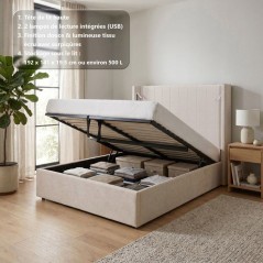 Lit coffre - STAN 3 - 140 x 190 cm - Tissu écru texturé - Tete de li