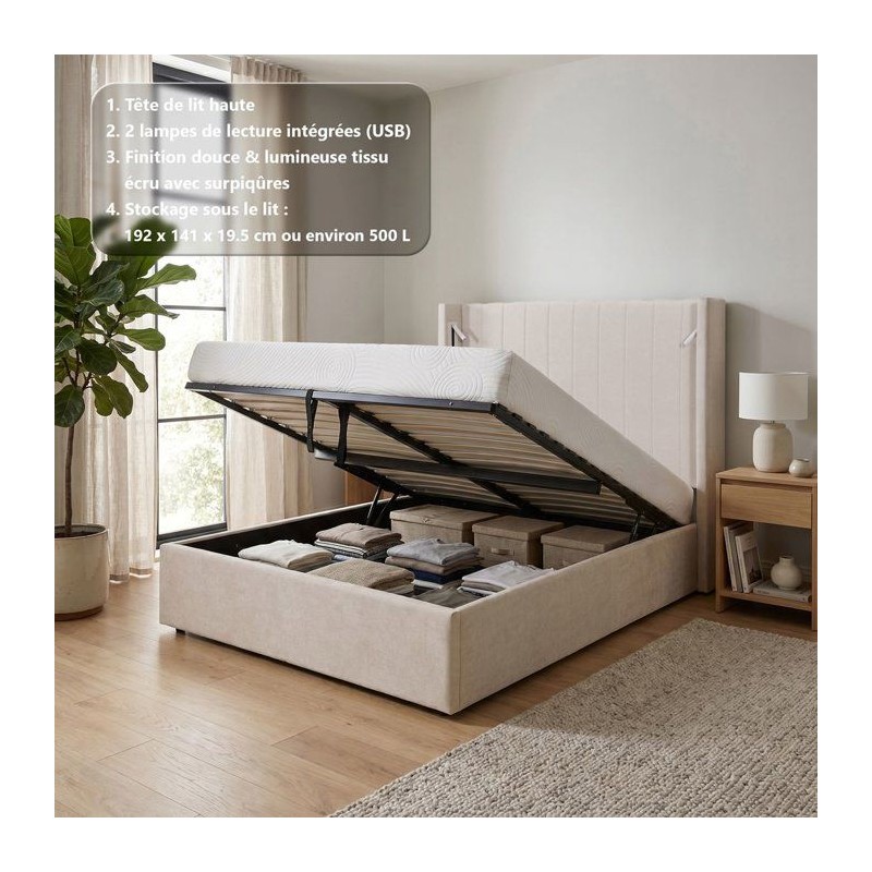 Lit coffre - STAN 3 - 140 x 190 cm - Tissu écru texturé - Tete de li