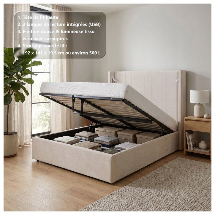 Lit coffre - STAN 3 - 140 x 190 cm - Tissu écru texturé - Tete de lit haute a oreilles - 2 lampes de lecture LED + Ports USB Lit coffre - STAN 3 - 140 x 190 cm - Tissu écru texturé - Tete de lit haute a oreilles - 2 lampes de lecture LED + Ports USB