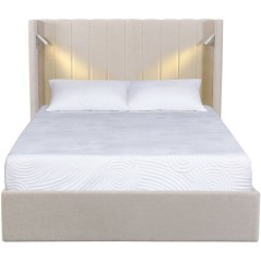 Lit coffre - STAN 3 - 140 x 190 cm - Tissu écru texturé - Tete de lit haute a oreilles - 2 lampes de lecture LED + Ports USB