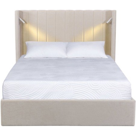 Lit coffre - STAN 3 - 140 x 190 cm - Tissu écru texturé - Tete de lit haute a oreilles - 2 lampes de lecture LED + Ports USB