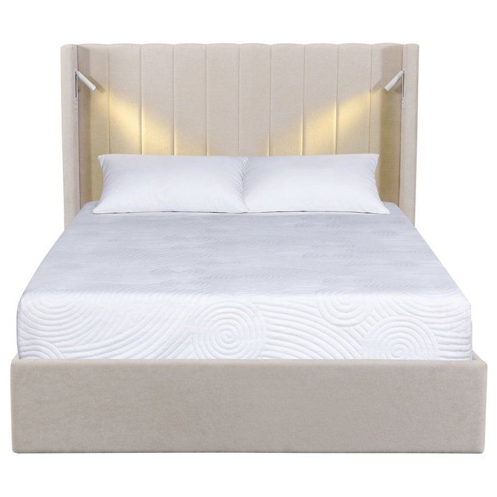 Lit coffre - STAN 3 - 140 x 190 cm - Tissu écru texturé - Tete de lit haute a oreilles - 2 lampes de lecture LED + Ports USB Lit coffre - STAN 3 - 140 x 190 cm - Tissu écru texturé - Tete de lit haute a oreilles - 2 lampes de lecture LED + Ports USB