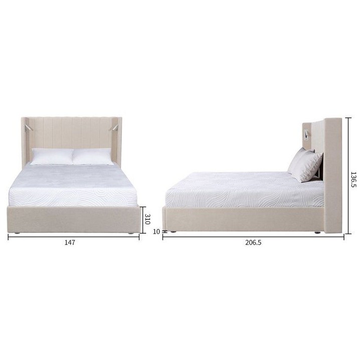 Lit coffre - STAN 3 - 140 x 190 cm - Tissu écru texturé - Tete de lit haute a oreilles - 2 lampes de lecture LED + Ports USB Lit coffre - STAN 3 - 140 x 190 cm - Tissu écru texturé - Tete de lit haute a oreilles - 2 lampes de lecture LED + Ports USB
