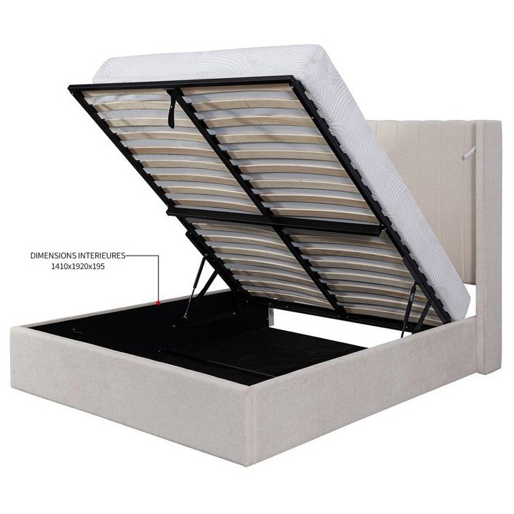 Lit coffre - STAN 3 - 140 x 190 cm - Tissu écru texturé - Tete de lit haute a oreilles - 2 lampes de lecture LED + Ports USB Lit coffre - STAN 3 - 140 x 190 cm - Tissu écru texturé - Tete de lit haute a oreilles - 2 lampes de lecture LED + Ports USB