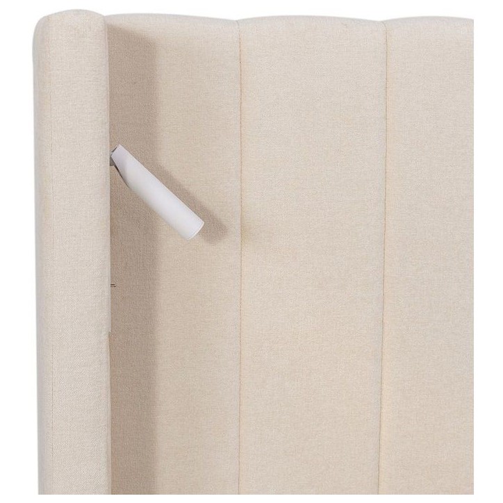 Lit coffre - STAN 3 - 140 x 190 cm - Tissu écru texturé - Tete de lit haute a oreilles - 2 lampes de lecture LED + Ports USB Lit coffre - STAN 3 - 140 x 190 cm - Tissu écru texturé - Tete de lit haute a oreilles - 2 lampes de lecture LED + Ports USB