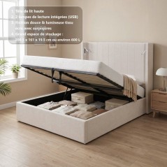 Lit coffre adulte - STAN 3 - 160 x 200 cm - Tissu écru texturé - Tet
