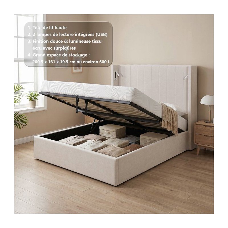 Lit coffre adulte - STAN 3 - 160 x 200 cm - Tissu écru texturé - Tet