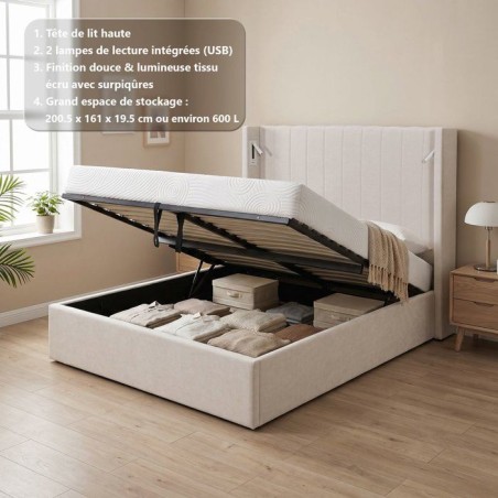 Lit coffre adulte - STAN 3 - 160 x 200 cm - Tissu écru texturé - Tet
