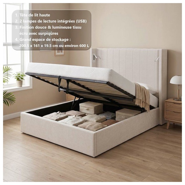 Lit coffre adulte - STAN 3 - 160 x 200 cm - Tissu écru texturé - Tete de lit haute a oreilles - 2 lampes de lecture LED + Port