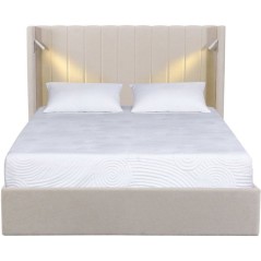 Lit coffre adulte - STAN 3 - 160 x 200 cm - Tissu écru texturé - Tete de lit haute a oreilles - 2 lampes de lecture LED + Port