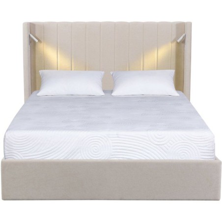 Lit coffre adulte - STAN 3 - 160 x 200 cm - Tissu écru texturé - Tete de lit haute a oreilles - 2 lampes de lecture LED + Port