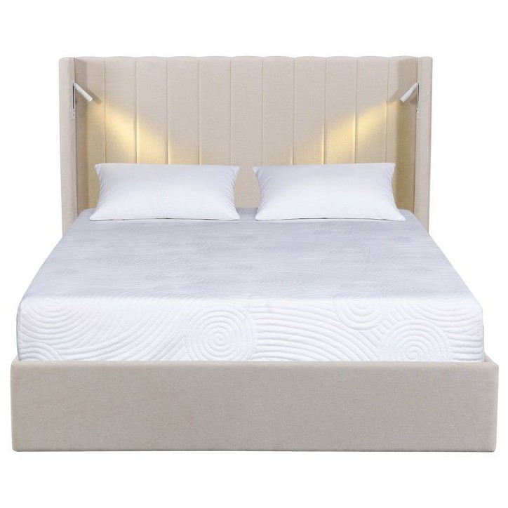Lit coffre adulte - STAN 3 - 160 x 200 cm - Tissu écru texturé - Tete de lit haute a oreilles - 2 lampes de lecture LED + Port
