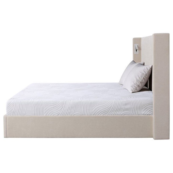 Lit coffre adulte - STAN 3 - 160 x 200 cm - Tissu écru texturé - Tete de lit haute a oreilles - 2 lampes de lecture LED + Port