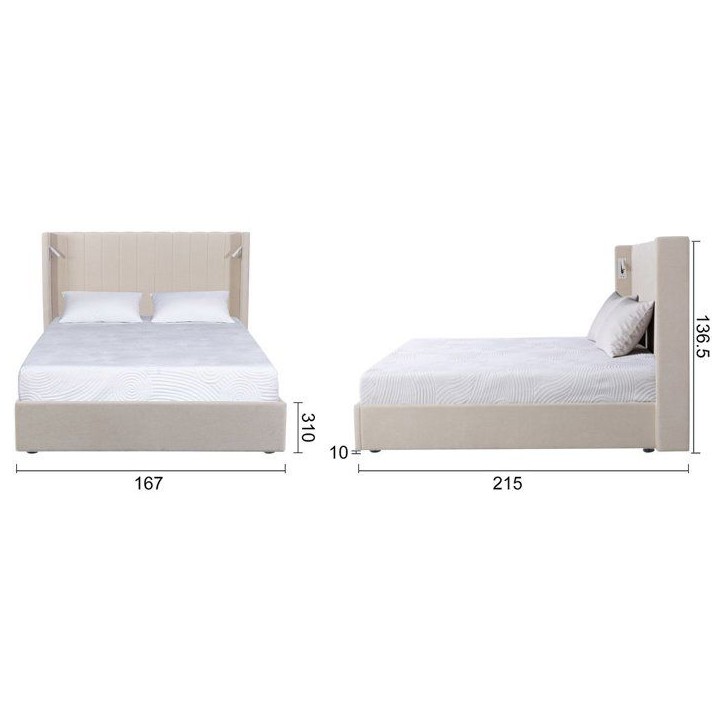 Lit coffre adulte - STAN 3 - 160 x 200 cm - Tissu écru texturé - Tete de lit haute a oreilles - 2 lampes de lecture LED + Port