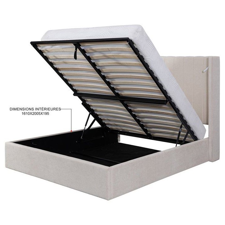 Lit coffre adulte - STAN 3 - 160 x 200 cm - Tissu écru texturé - Tete de lit haute a oreilles - 2 lampes de lecture LED + Port
