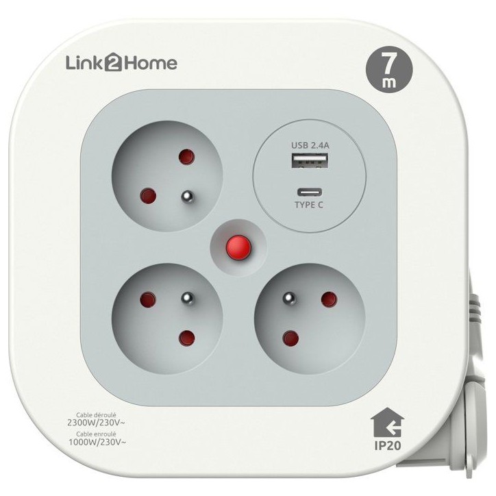 Enrouleur multiprise compact - LINK2HOME - 3 prises + USB A+C - 3000W déroulé / 1000W enroulé - Câble 7 m Enrouleur multiprise compact - LINK2HOME - 3 prises + USB A+C - 3000W déroulé / 1000W enroulé - Câble 7 m