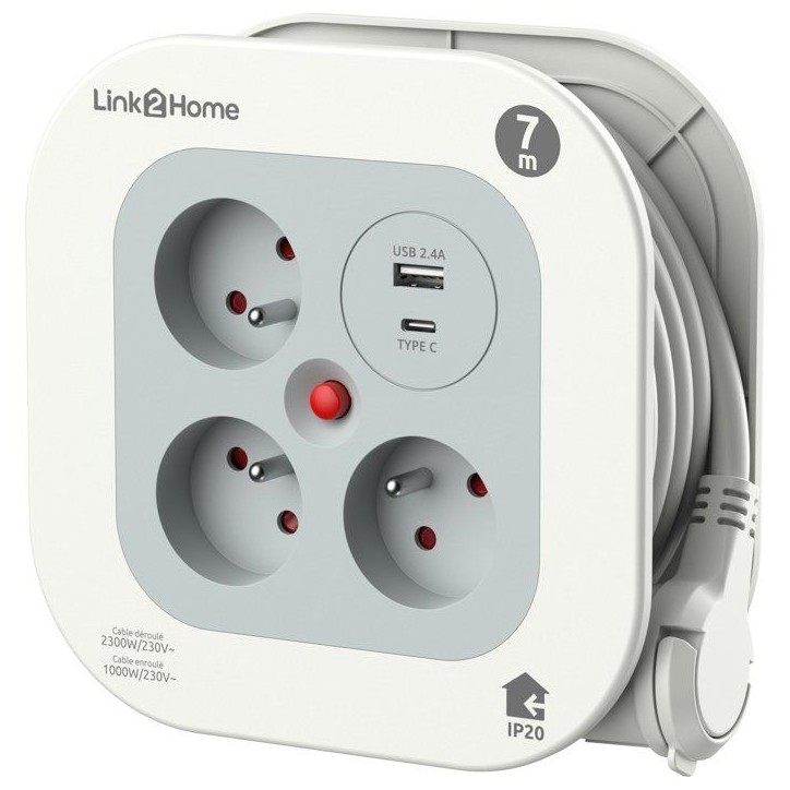 Enrouleur multiprise compact - LINK2HOME - 3 prises + USB A+C - 3000W déroulé / 1000W enroulé - Câble 7 m Enrouleur multiprise compact - LINK2HOME - 3 prises + USB A+C - 3000W déroulé / 1000W enroulé - Câble 7 m
