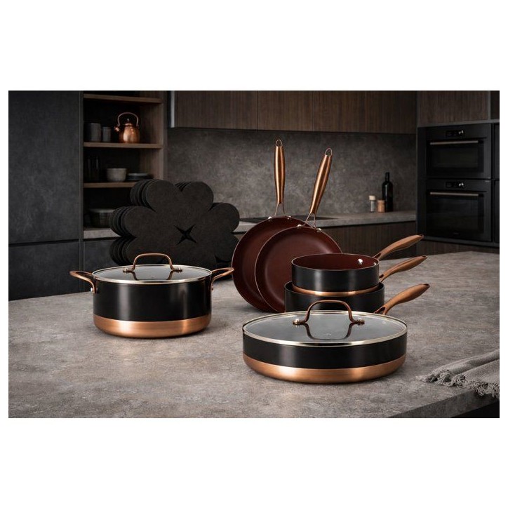 Batterie de cuisine induction - MENASTYL - Black Copper - Aluminium recyclé - Revetement céramique antiadhésif - 13 pieces -