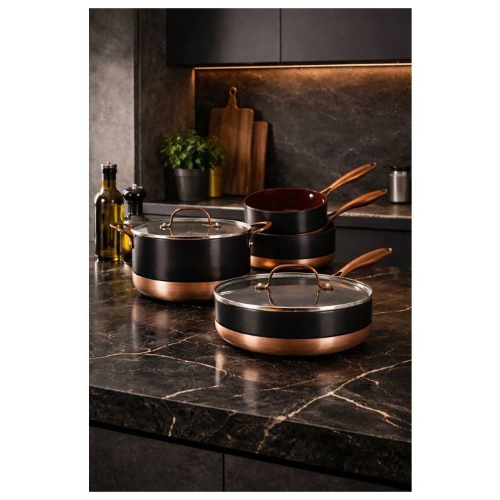 Batterie de cuisine induction - MENASTYL - Black Copper - Aluminium recyclé - Revetement céramique antiadhésif - 13 pieces -