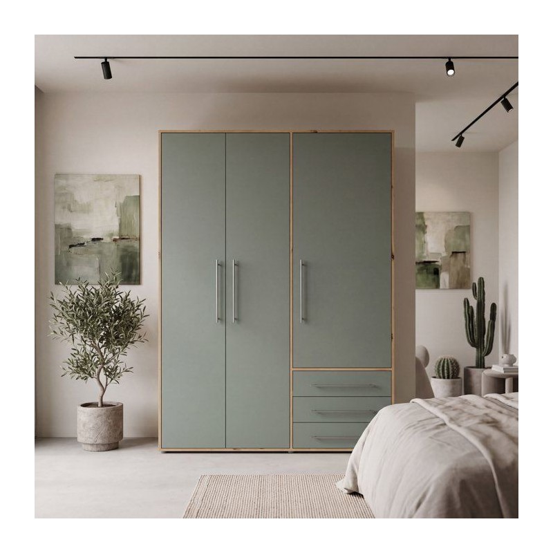 Armoire de chambre - MOKKARO - Décor Vert Sauge et chene - 3 portes b